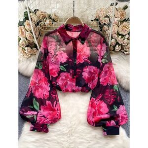 Vibrant Sheet Pink Floral Blooms Button-Up Blouse